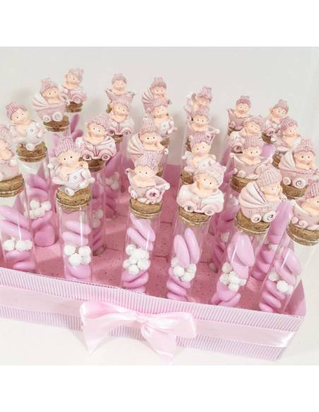 Portaconfetti nascita bimba cappellino su provetta in vetro