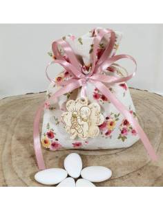 Sacchetto in cotone con confetti e pendente a forma di foglia con immagine Sacra Prima Comunione bambina