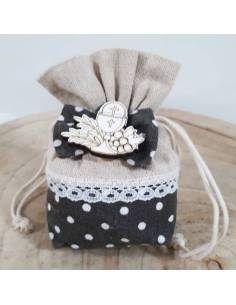 Sacchetto prima comunione con pizzo e applicazione in legno a forma di calice