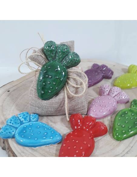 Bomboniere ceramica fico d'india confezione sacchetto juta