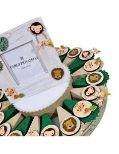 Torta bomboniere animali savana magnete in legno