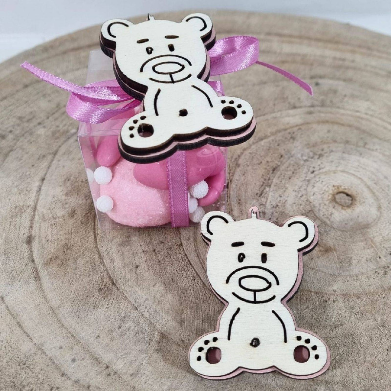 Applicazione in legno orsetto bianco e rosa per confezionare bomboniere