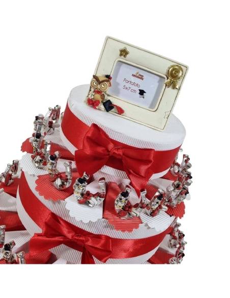 Torta bomboniera laurea con staffe di cavallo argentato con gufetto e pergamena