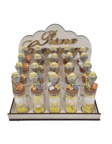 Portaconfetti Comunione provette con cestino in legno e scritta oro