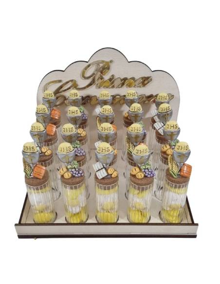 Portaconfetti Comunione provette con cestino in legno e scritta oro