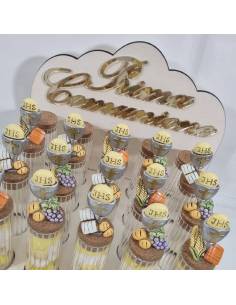 Portaconfetti Comunione provette con cestino in legno e scritta oro 2