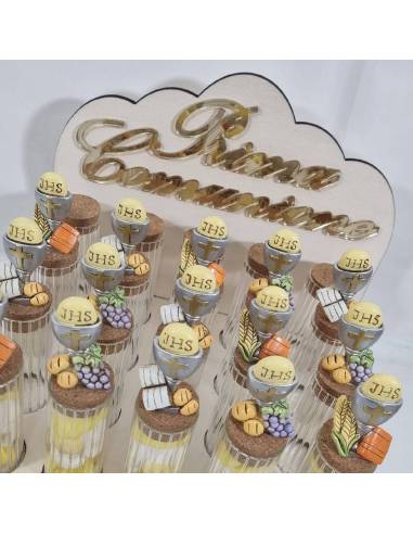 Portaconfetti Comunione provette con cestino in legno e scritta oro| Sindy Bomboniere