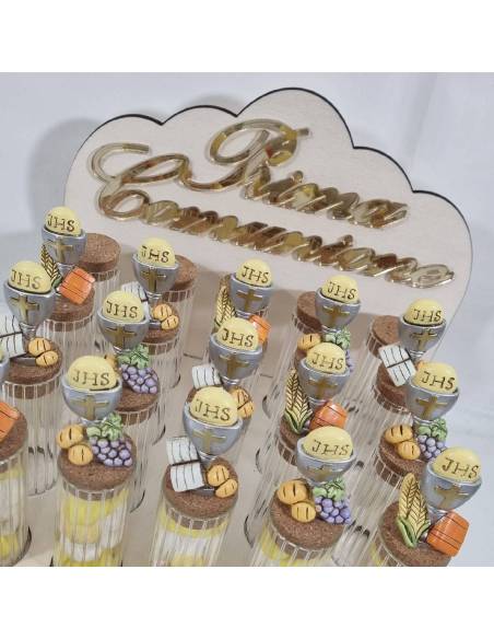 Portaconfetti Comunione provette con cestino in legno e scritta oro| Sindy Bomboniere