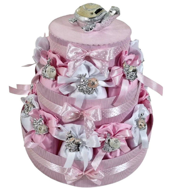 Torta bomboniere portasacchetti animaletti argentati femmina