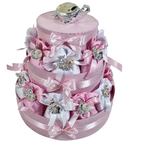 Torta bomboniere portasacchetti animaletti argentati femmina