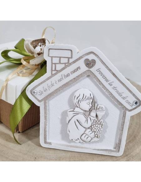 Bomboniere Comunione maschio casetta con frase incisa
