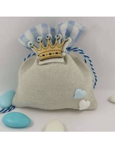 Sacchetti bomboniere battesimo bimbo corona e cuoricini