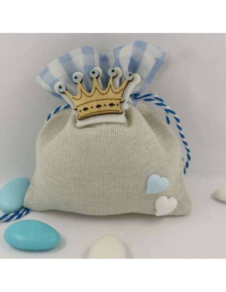 Sacchetti bomboniere battesimo bimbo corona e cuoricini