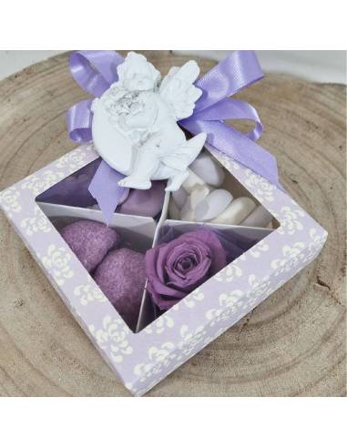 Bomboniere rosa lilla stabilizzata con angeli calamite