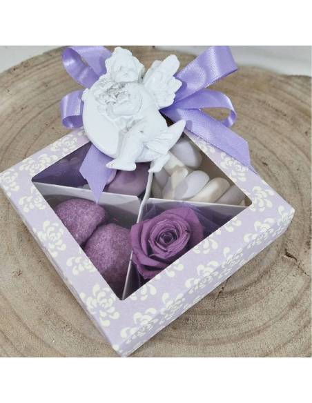 Bomboniere rosa lilla stabilizzata con angeli calamite