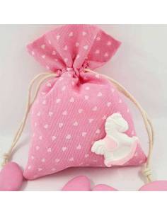 Sacchettini per Battesimo bimba rosa con cuoricini bianchi e cavallino