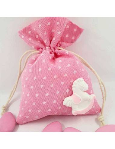 Sacchettini per Battesimo bimba rosa con cuoricini bianchi e cavallino