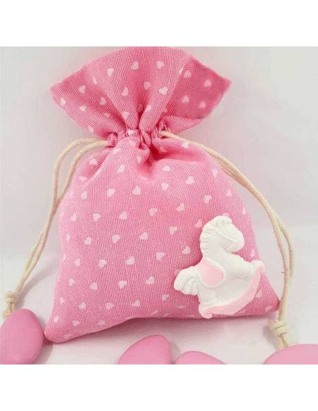 Sacchettini per Battesimo bimba rosa con cuoricini bianchi e cavallino