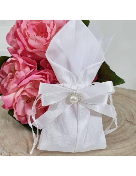 Eleganti sacchetti confetti matrimonio bianco con perla e strass