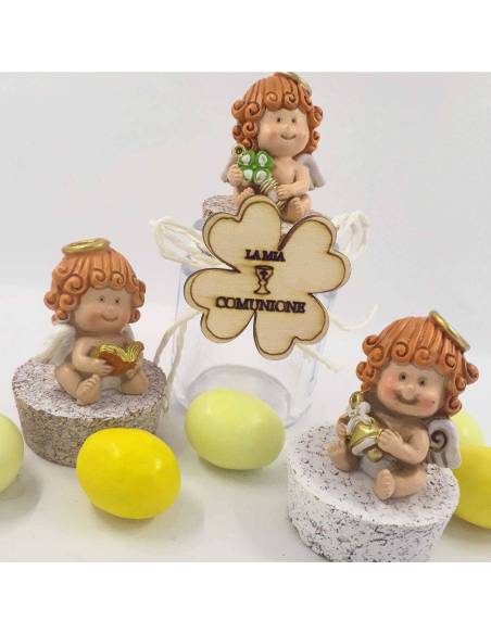 Portaconfetti Comunione barattoli con quadrifoglio angeli