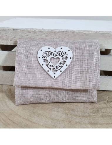 Eleganti sacchetti confetti matrimonio applicazione cuore legno traforato