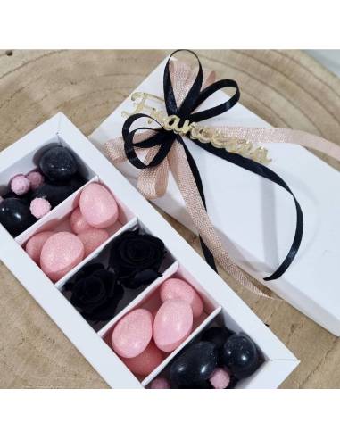 Scatole con divisori per confetti neri e rosa gold personalizzate