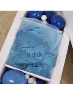 Orsetti per bomboniere azzurro in plexiglass con cuore 2