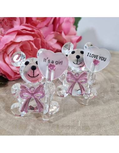 Bomboniere orsetti Battesimo bimba cristallo papillon rosa