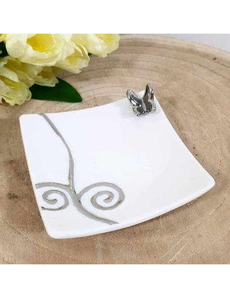 Bomboniere svuotatasche ceramica bianca farfalla argentata