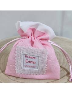 Sacchetti personalizzati Battesimo rosa e orlo bianco