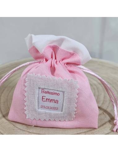 Sacchetti personalizzati Battesimo rosa e orlo bianco