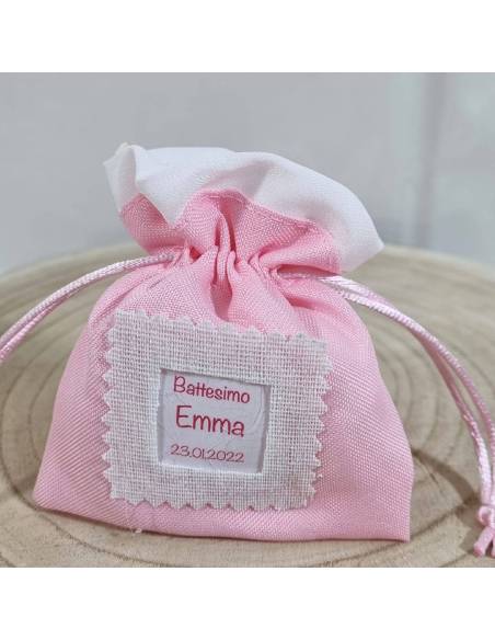 Sacchetti personalizzati Battesimo rosa e orlo bianco