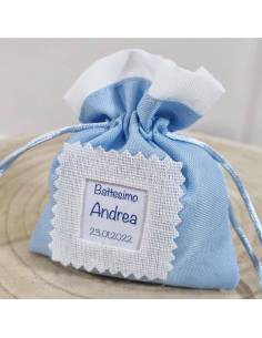Sacchetti personalizzati Battesimo celesti e orlo bianco