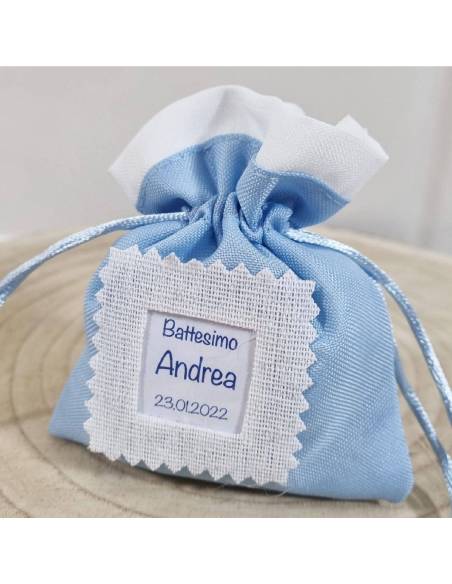 Sacchetti personalizzati Battesimo celesti e orlo bianco