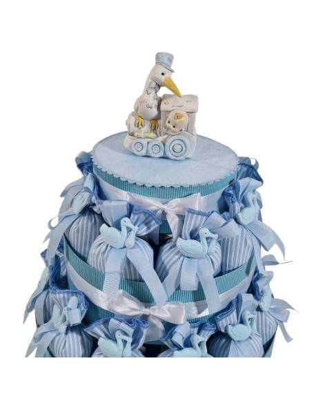 Sacchetti nascita maschio cicogna gessetto azzurro torta espositiva