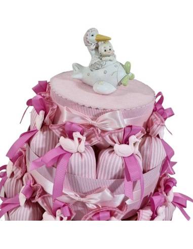 Sacchetti nascita femmina cicogna gessetto rosa torta espositiva