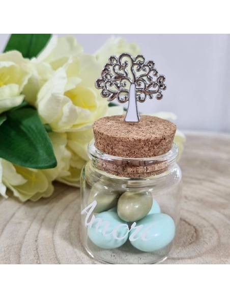 Bomboniere matrimonio con vasetti di vetro albero della vita spillone
