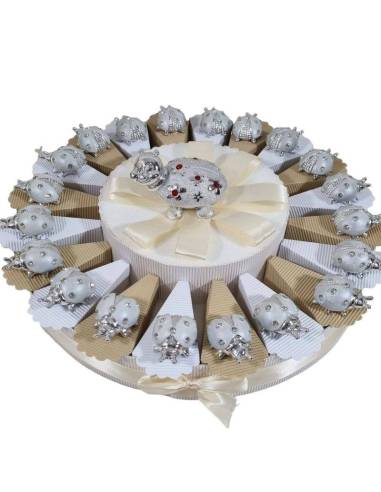 Torta bomboniere Comunione elegante coccinelle argentate e bianche