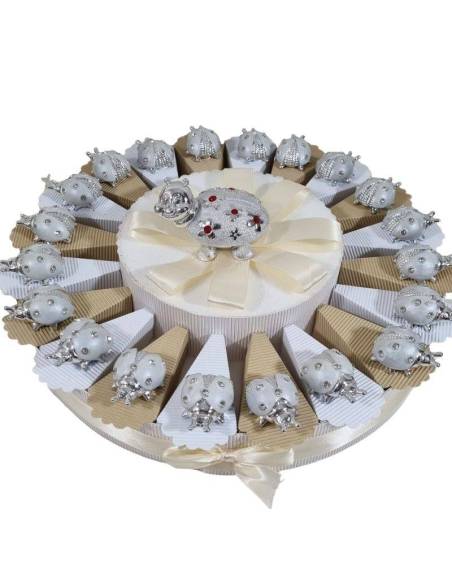 Torta bomboniere Comunione elegante coccinelle argentate e bianche