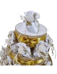 Torta sacchetti bomboniere pigna siciliana gessetto bianco e oro