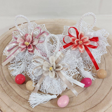 Saponette bomboniere matrimonio fiori porcellana colorati sacchetto macramè
