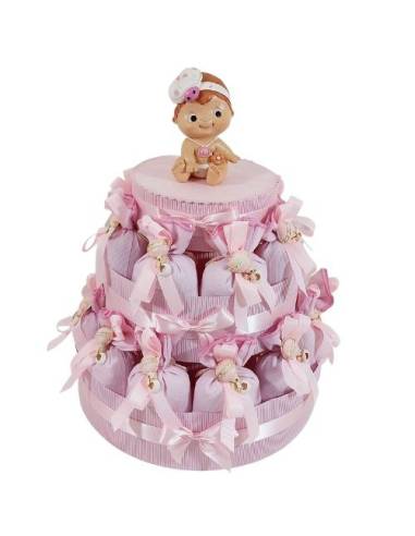 Torta bomboniere nascita bimba gessetti sonaglio sacchetto