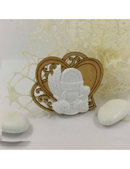 Gessetti comunione su base di legno a cuore stilizzato