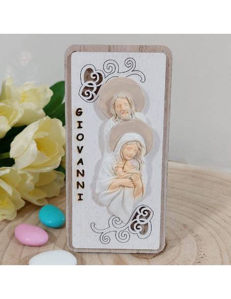 Bomboniere Battesimo Sacra Famiglia in legno personalizzate