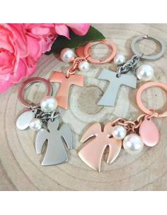 Portachiavi bomboniere sacre rosa gold e argentati con perle