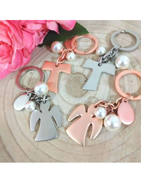 Portachiavi bomboniere sacre rosa gold e argentati con perle