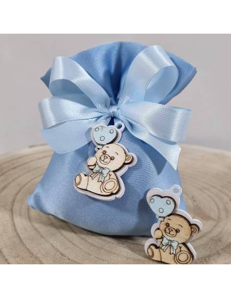 Bomboniere orsetto pendente in legno con palloncini azzurri o rosa