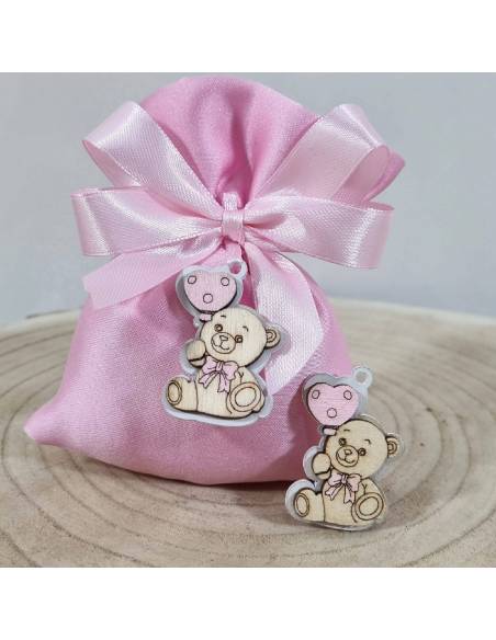 Bomboniere orsetto pendente in legno con palloncini azzurri o rosa