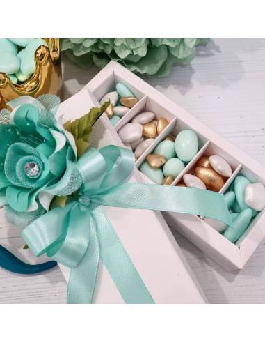 Scatola degustazione confetti colori oro e tiffany