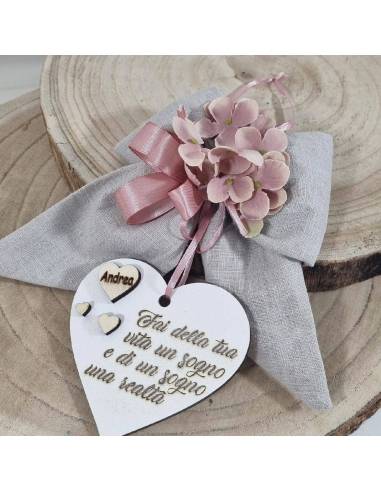 Bomboniere frasi cuore in legno con fiocco e nome personalizzato